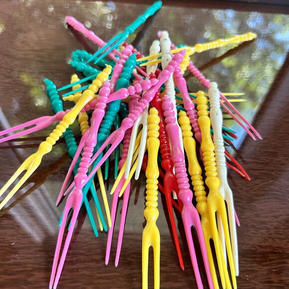 Vintage Colorful Celluloid Appetizer Party Forks Set of 24 - Picture 3 of 7